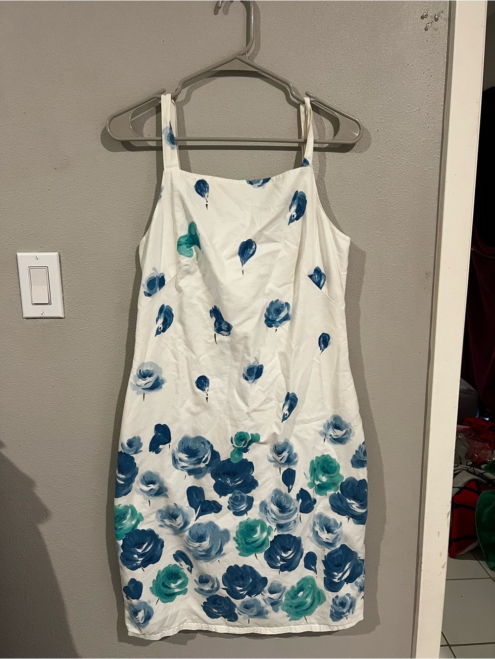 Casual Corner White Mini Dress with Blue and Teal Floral Print